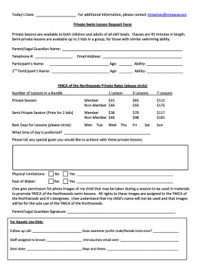 Fillable Online Ymcaofthenorthwoods Private Swim Lessons Request Form