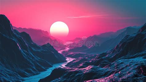 Neon Pink And Electric Blue Futuristic Cyberpunk Sunset Stock