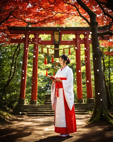 In the forest, a Japanese shrine maiden stands in front of a large old