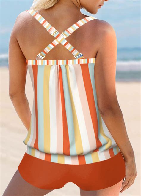 Multi Stripe Print Criss Cross Tankini Top Rosewe Usd