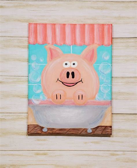 Whimsical Pig Painting On Canvas Wall Art Bath Tub Pig Etsy Pig