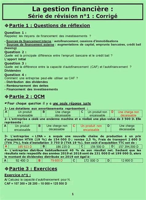 Bac Econmie et Gestion Gestion Série de révision 1 gestion financière