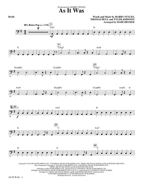 As It Was Arr Mark Brymer Bass By Harry Styles Sheet Music For