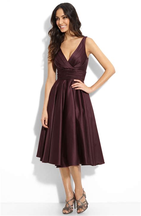 Deep V Neck Maroon Bridesmaid Dress With Full Tea Length Skirt