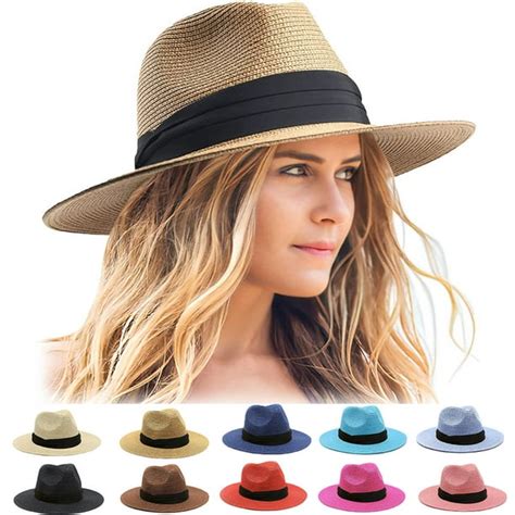 Womens Mens Wide Brim Straw Panama Hat Fedora Summer Beach Sun Hat Upf