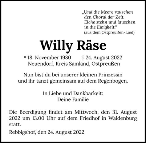 Traueranzeigen Von Willy R Se Trauerundgedenken De