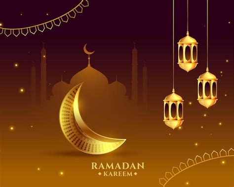 Saudação islâmica de ramadan kareem lua dourada e design de