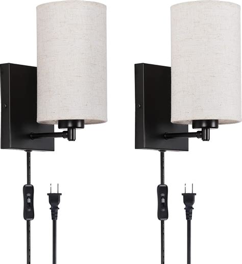 Gladfresit Modern Wall Light Set Of 2 Cylindrical Beige Fabric Shade Wall Sconce With Plug In