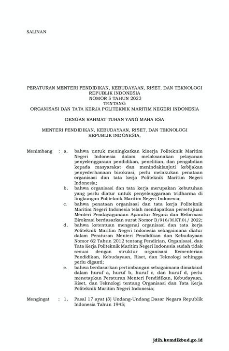 Peraturan Menteri Pendidikan Kebudayaan Riset Dan Teknologi No 5