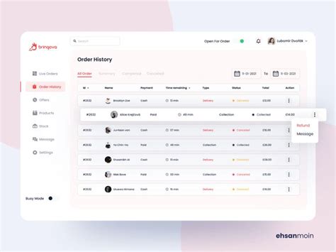 Order History - Admin Dashboard Design (Bringova) | 웹디자인, 대시보드 ui, 웹 ...