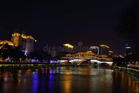 Night View Of Beautiful Anshun Bridge Above Jinjiang River Chengdu