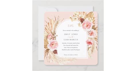 Pampas Grass Boho Blush Pink Floral Square Wedding Invitation Zazzle