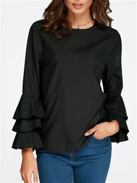 Black Round Neck Flared Sleeves Blouse Clothes Sleeve Blouse Flared