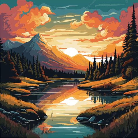 Premium Vector A Painting Of A Lake With Mountains In The Background