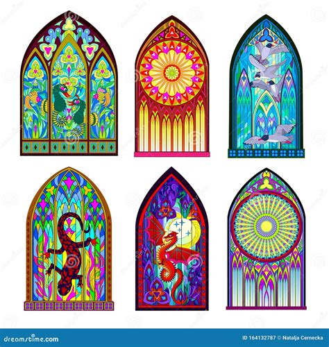 Set Of Different Beautiful Colorful Stained Glass Windows In Gothic