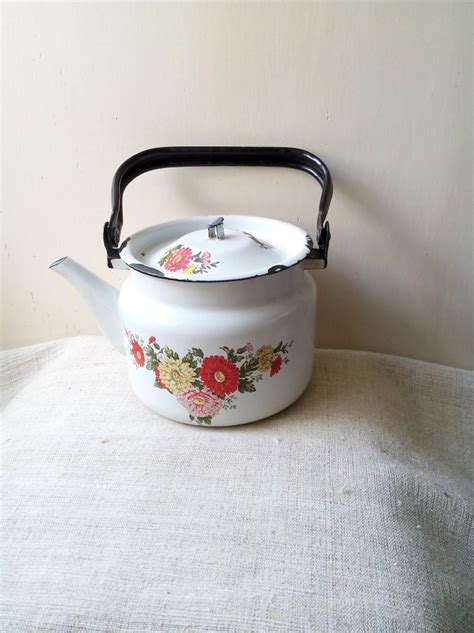 Vintage White Enamel Water Tea Kettle Enamelware Lidded Etsy