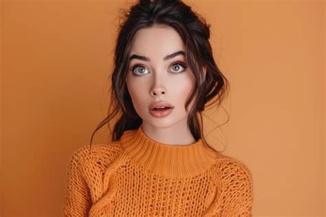 Amazed Girl Attractive Brunette In Casual Attire Expressing Beauty On