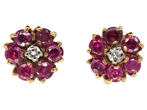 18ct Gold Ruby And Diamond Cluster Earrings 479l The Antique