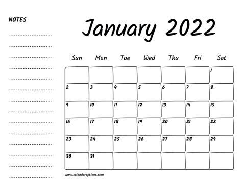 Printable January 2022 Calendar Printable Template