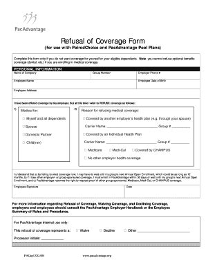 Fillable Online Refusal Of Coverage Form Fax Email Print PdfFiller