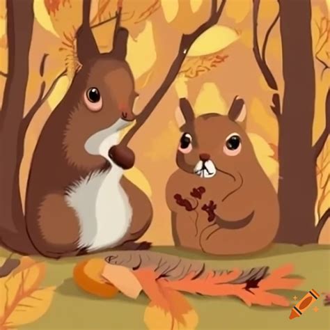 Lively Squirrel Gathering Acorns In An Autumn Forest On Craiyon