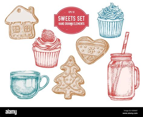 Vector Collection Of Hand Drawn Pastel Gingerbread Cupcakes Jars Tea