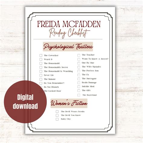 Freida Mcfadden Printable Checklist Thriller Book Log Freida Mcfadden