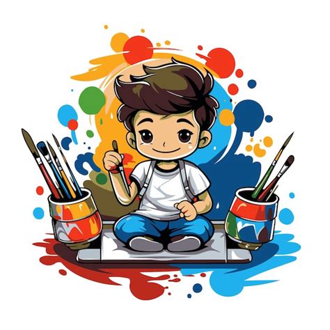 Menino bonito pintando pincéis e tintas Ilustração vetorial Vetor