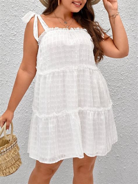 Shein Vcay Plus Swiss Dot Frill Trim Tie Shoulder Ruffle Hem Cami Dress