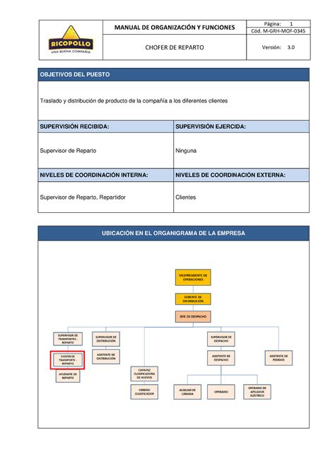 M Grh Mof Chofer De Reparto Manual De Organizaci N Y Funciones