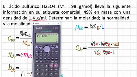 Molaridad Normalidad Y Molalidad Del Cido Sulfurico Al Y Densidad