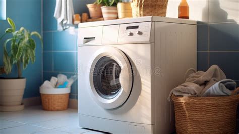 Laundry Basket With Towels And Washing Machine In Modern Laundry Room