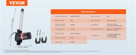 Siłownik liniowy VEVOR 6000N Napęd liniowy DC 12 V Elektryczny silnik