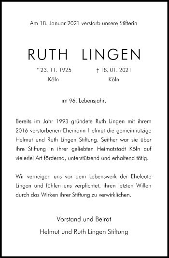 Traueranzeigen Von Ruth Lingen WirTrauern