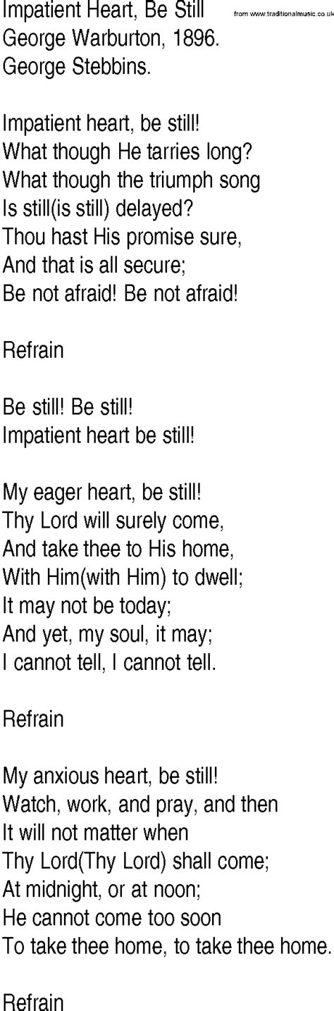 Hymn And Gospel Song Lyrics For Impatient Heart Be Still By George Warburton