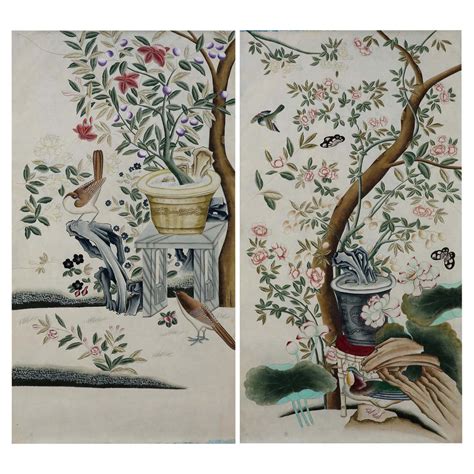 Chinoiserie Hand Painted Wallpaper Panels of Birds in a Garden Setting ...