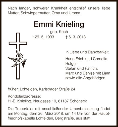 Traueranzeigen Von Emmi Knieling Trauer HNA De