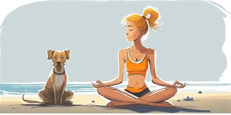 Ein M Dchen In Lotus Pose Am Ruhigen Strand Das Yoga Mit Hund In Der