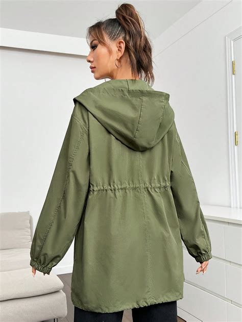 Drawstring Waist Flap Detail Hooded Jacket Online Store