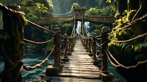 Premium AI Image Suspension Bridge In The Forest Closeup View