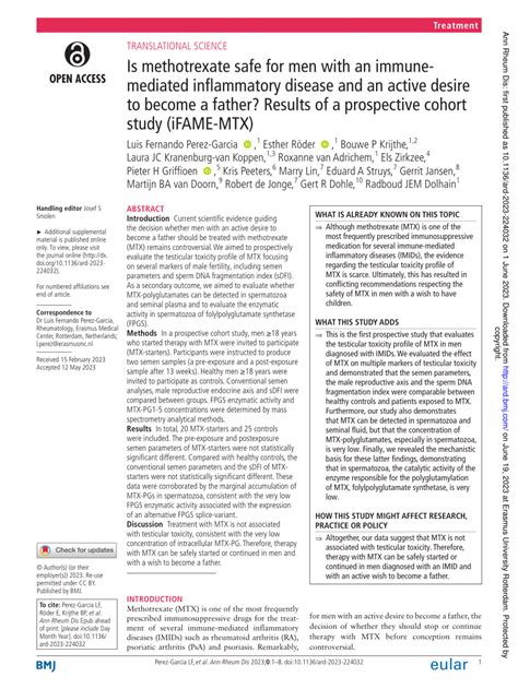 Pdf Is Methotrexate Safe For Men With An Immune Mediated Inflammatory Disease And An Active