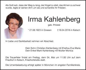 Traueranzeigen Von Irma Kahlenberg Trauerportal Ihrer Tageszeitung