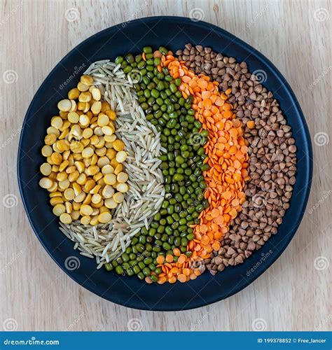 Different Grains In The Bowl Rice Moong Beans Dal And Buckwheat