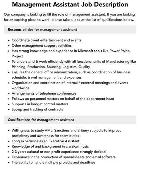 Management Assistant Job Description Velvet Jobs