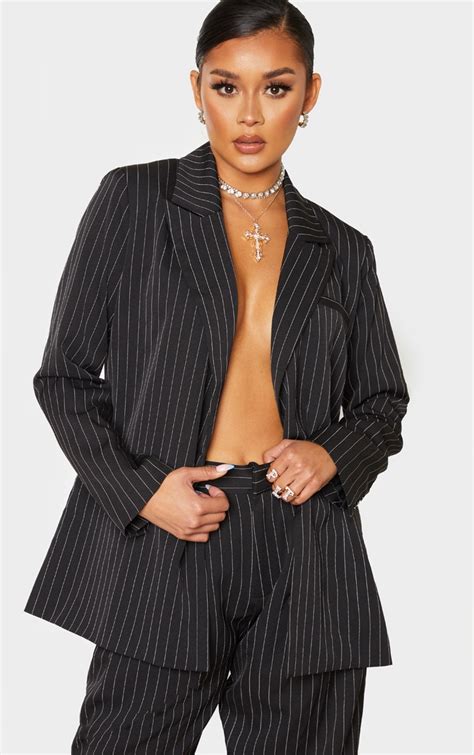 Black Pinstripe Oversized Dad Blazer Prettylittlething