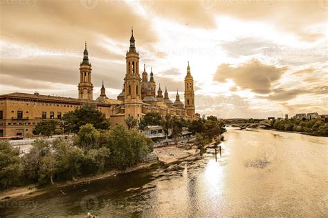 landscape from the Spanish city of Saragossa with the basilica and the Ebro river in the ...