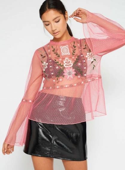 Miss Selfridge Pink Mesh Embroidered Blouse ~ Sheer Blouses