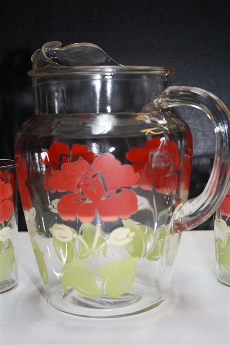 Mid Century Red Flower Pattern Glass And Pitcher Set Etsy