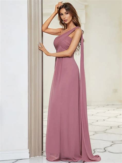 Pleated One Shoulder Long Chiffon Formal Evening Dress