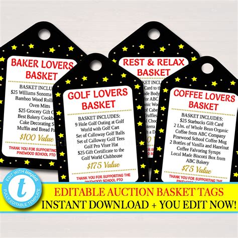 EDITABLE Auction Basket Tags Fundraiser Digital Invite Black | Etsy